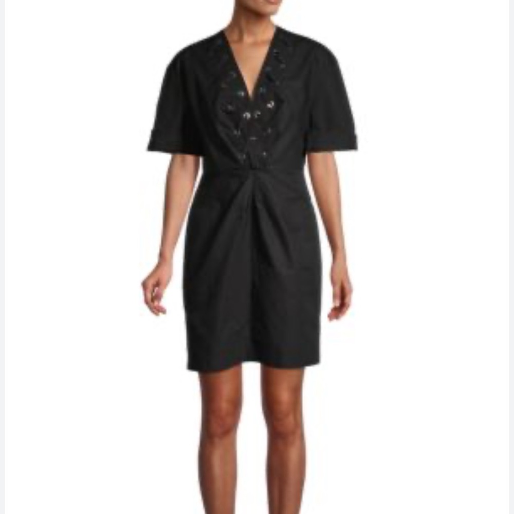 SANDRO black mini dress with lace up neck
